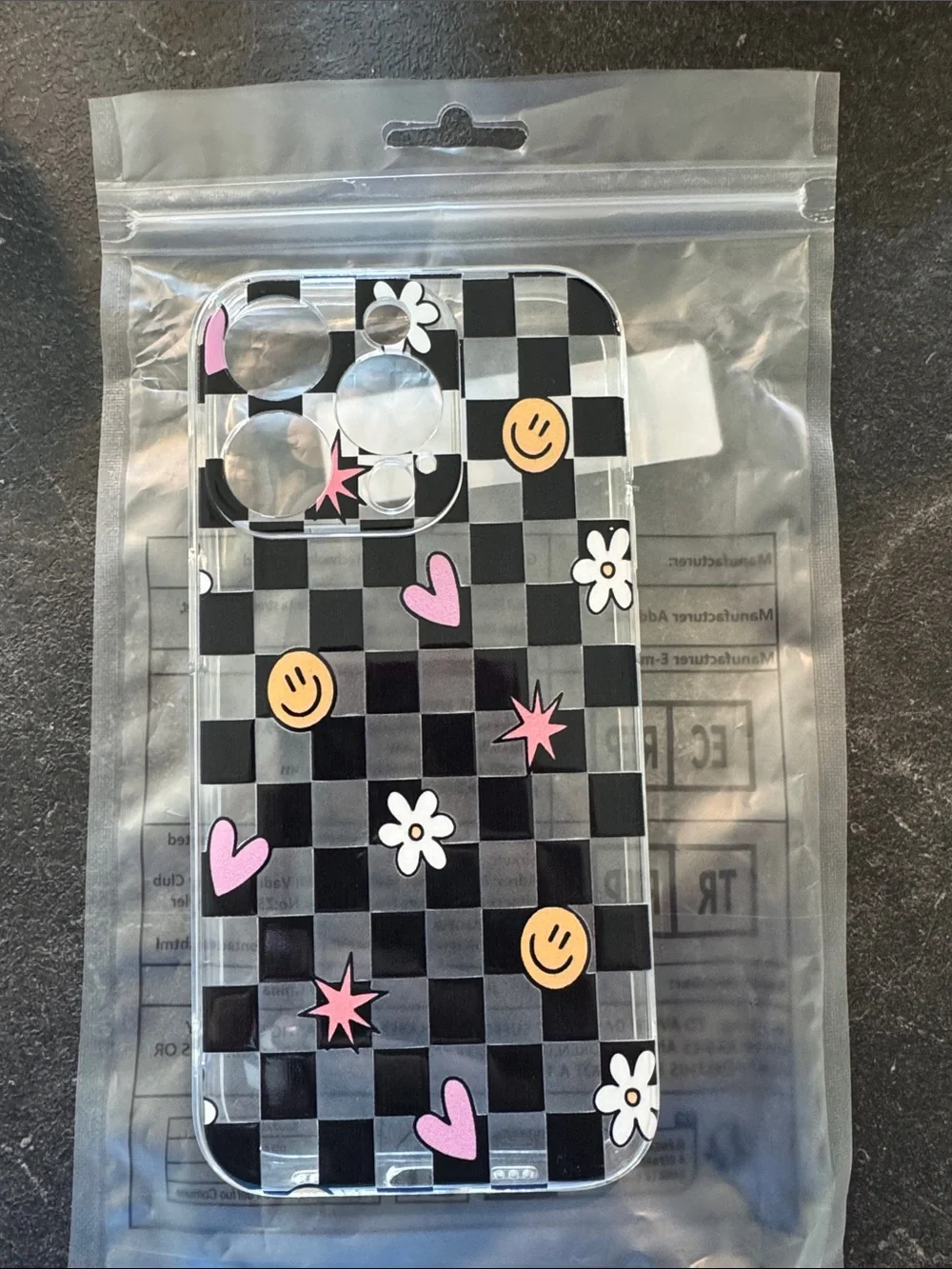 NWT Clear Checkerboard IPhone 15 PRO Case with Pink Hearts & Yellow Smileys
